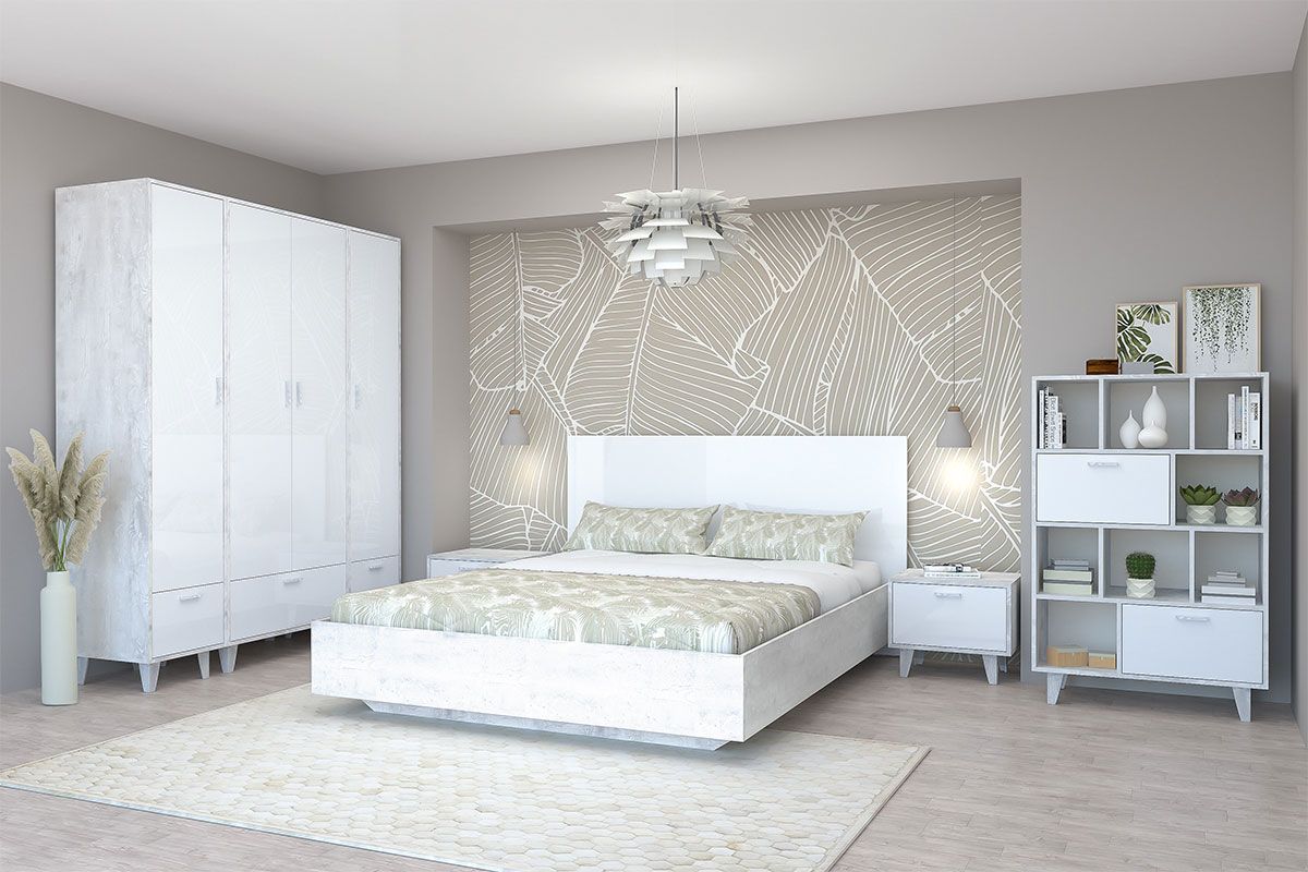 Спальня Эго модульная (на ножках) Бетон светлый/Белый глянец | фото 3