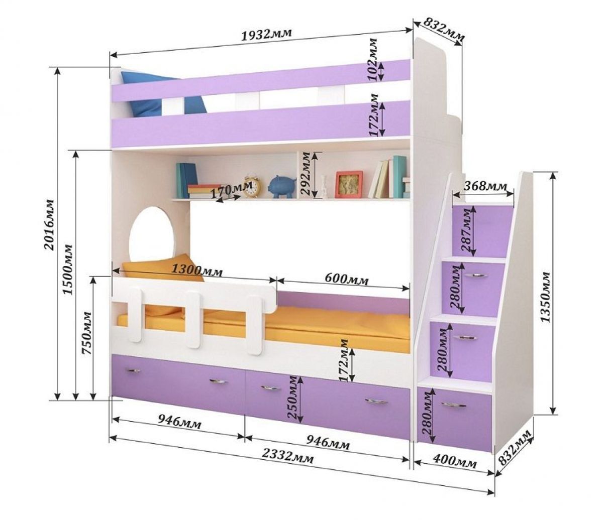 Кровать 2-х ярусная Юниор 1 + бортик (800*1900) Белое дерево, Анкор темный, Венге, Дуб сонома | фото 2