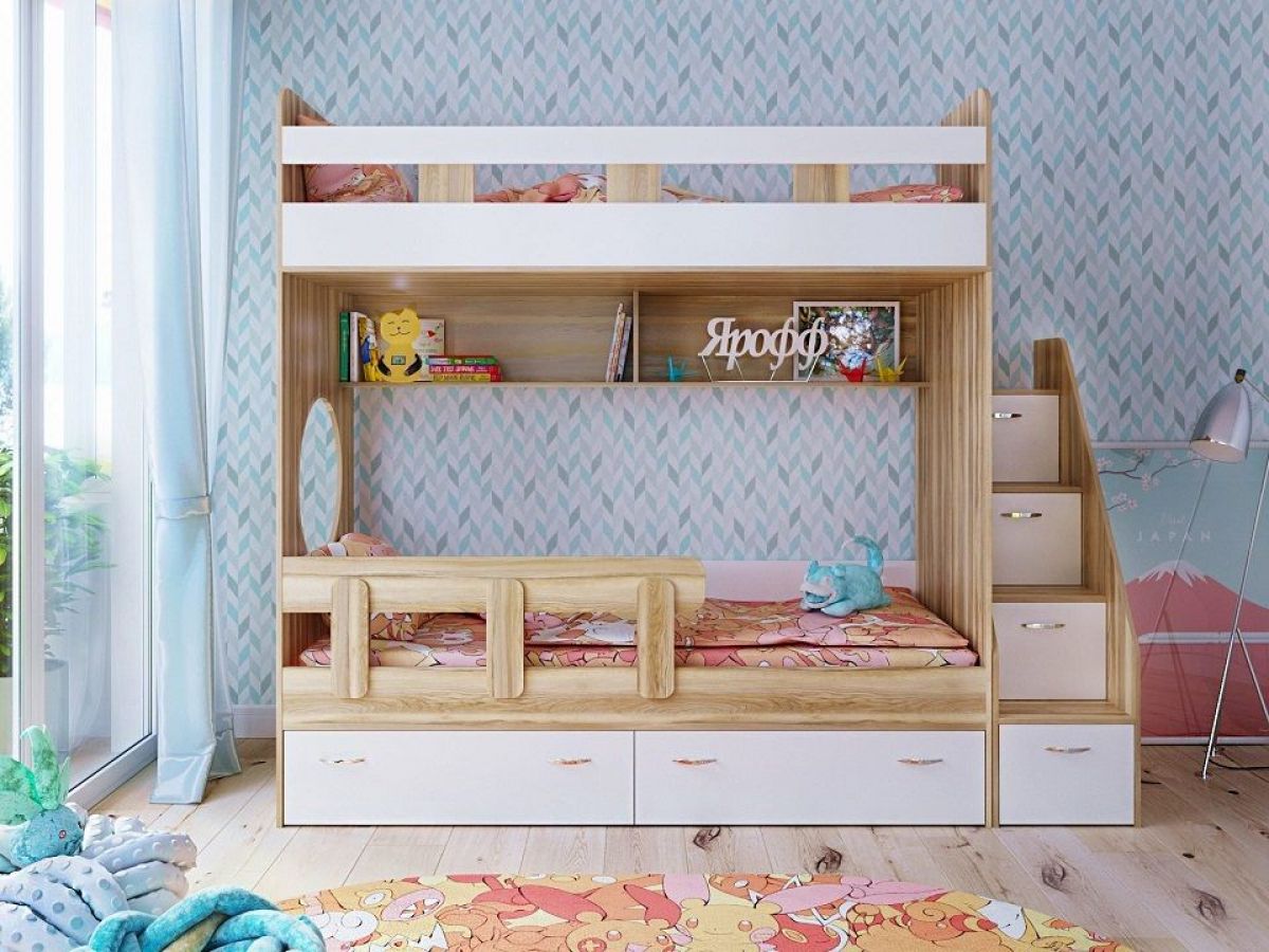 Кровать 2-х ярусная Юниор 1 без бортика (800*1900) Винтерберг, Дуб молочный, Ясень | фото 2