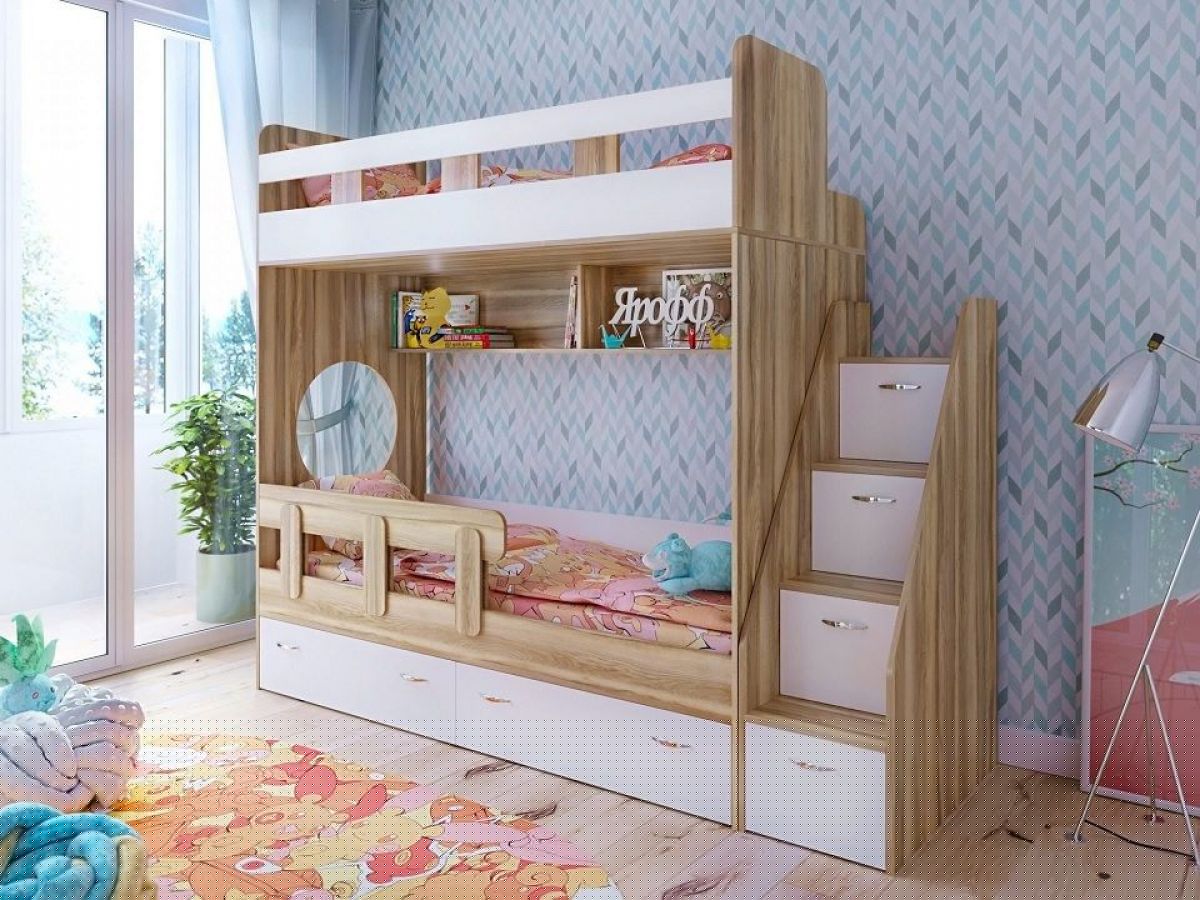 Кровать 2-х ярусная Юниор 1 + бортик (800*1900) Винтерберг, Дуб молочный, Ясень | фото 2