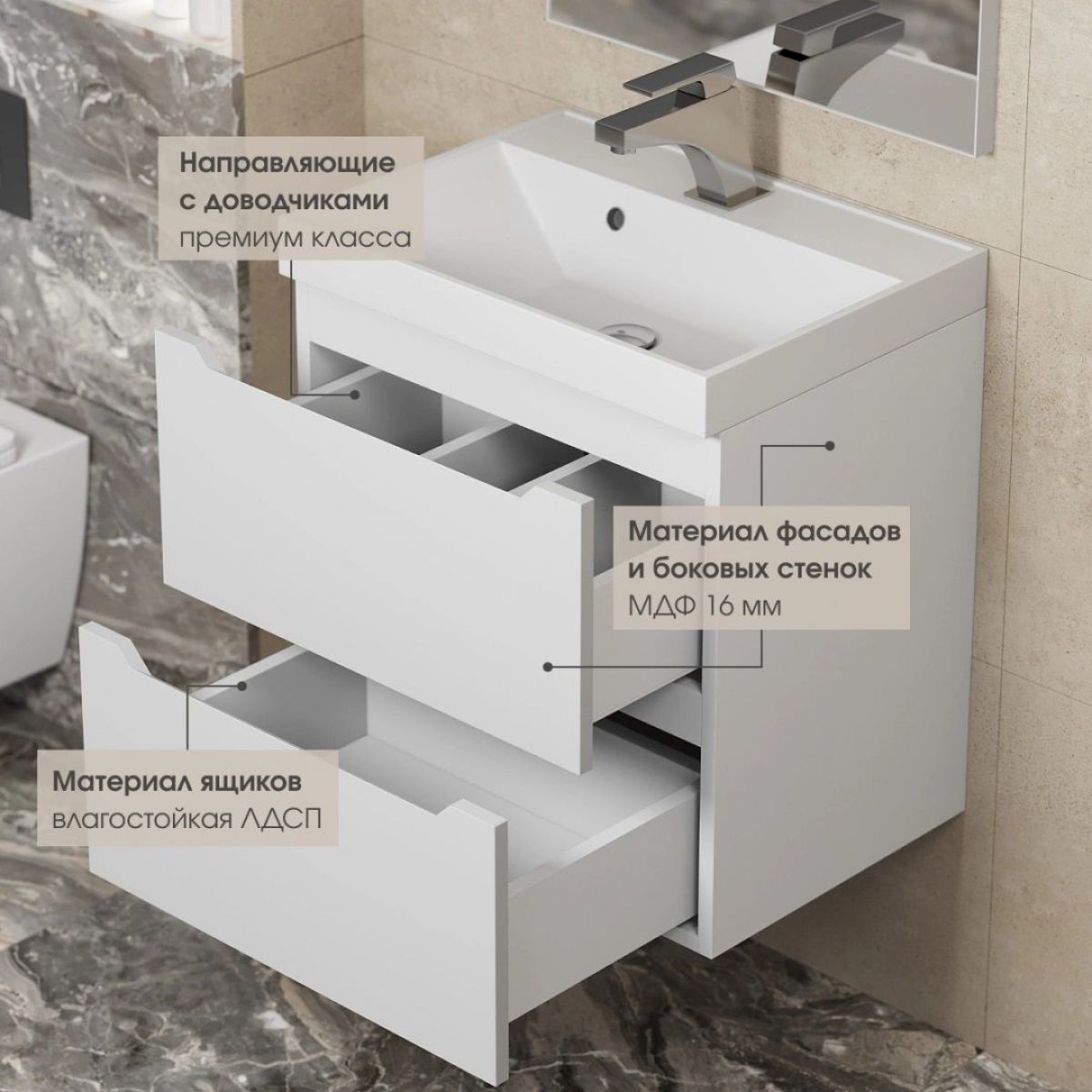 Тумба под раковину Uperwood Tanos 50 см, подвесная, белая матовая | фото 5