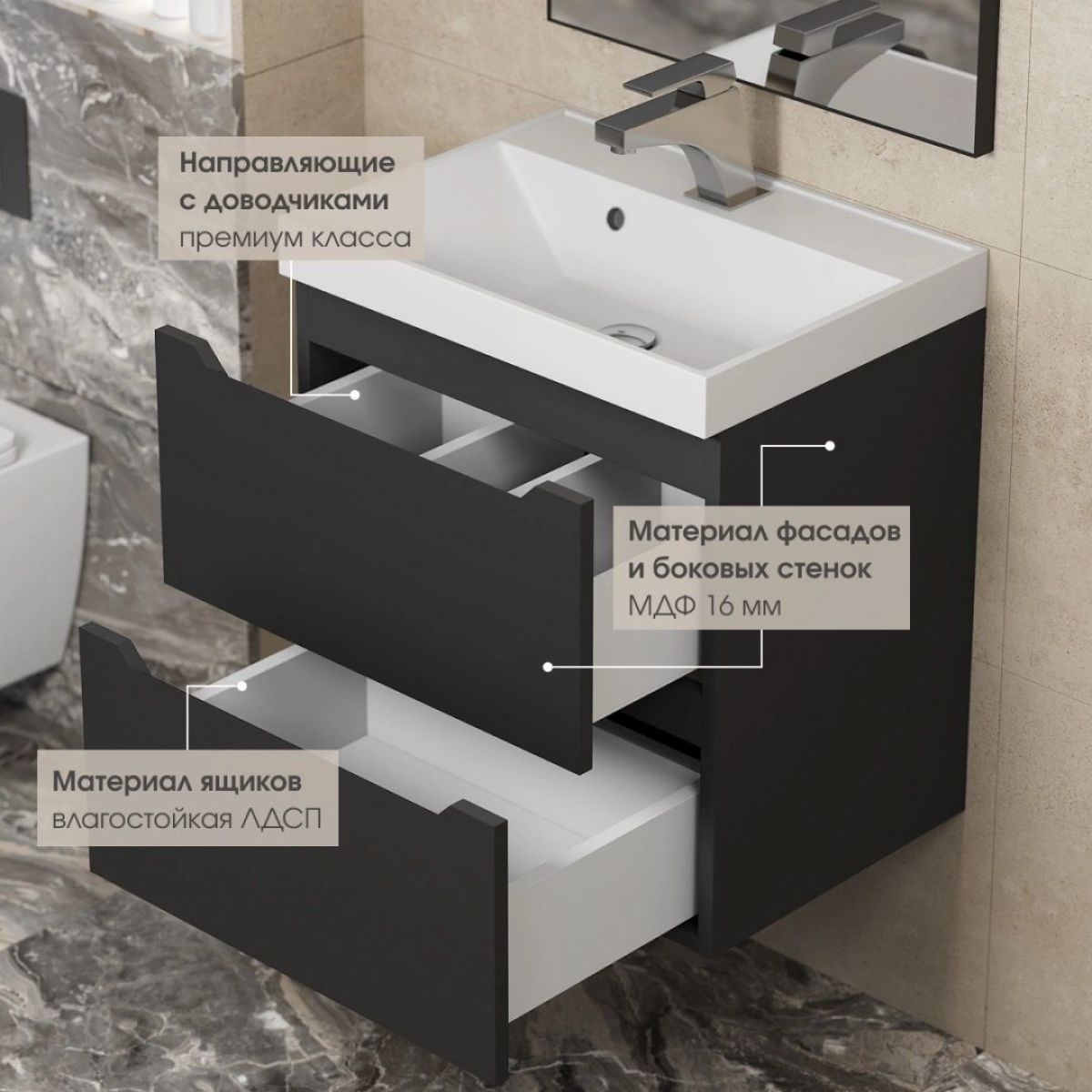 Тумба под раковину Uperwood Tanos 80 см, подвесная, черная матовая | фото 4